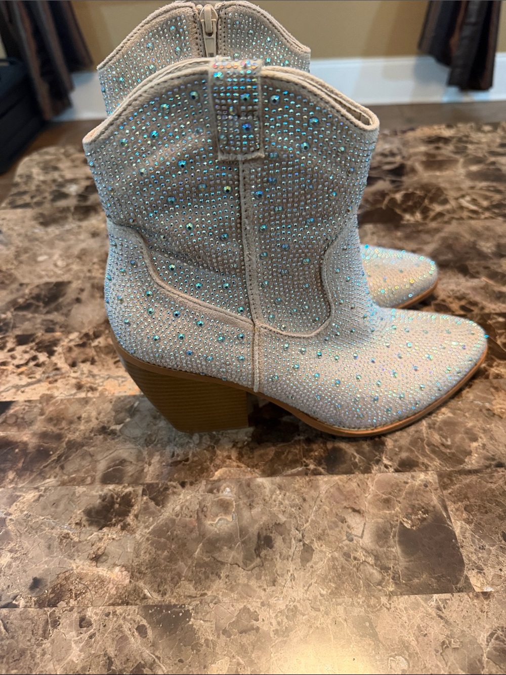 Yoki White Crystal Stud Western Ankle Boots